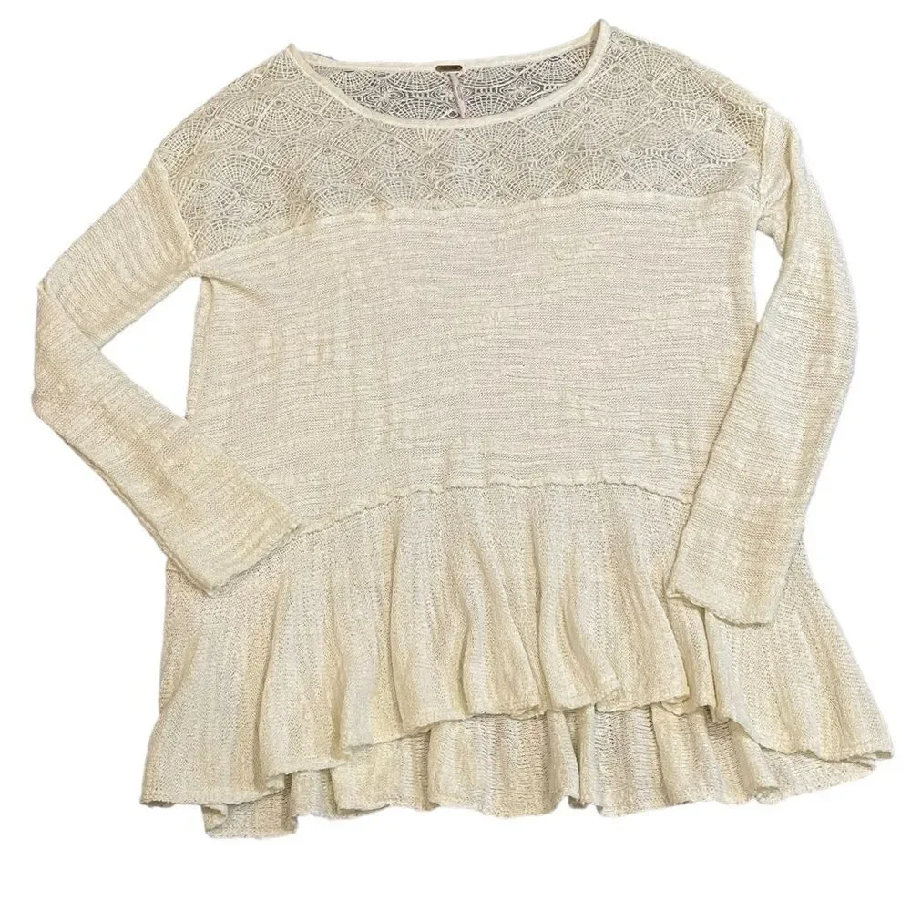 FREE PEOPLE Kristobel Ruffled Sweater, Cream, size Medium